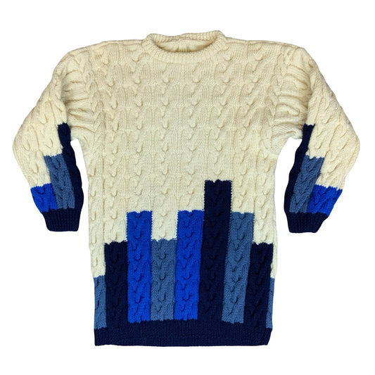 Vtg White Blue Geometric Cable-Knit Colour Block Casual Oversized Jumper M