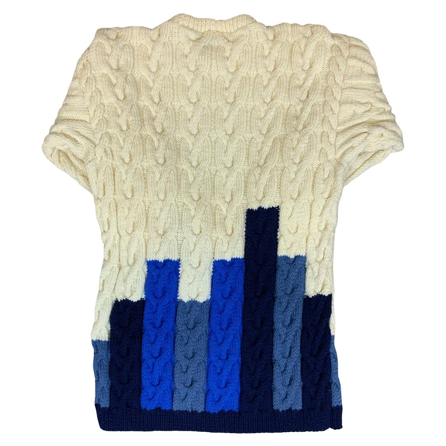 Vtg White Blue Geometric Cable-Knit Colour Block Casual Oversized Jumper M