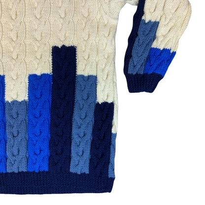 Vtg White Blue Geometric Cable-Knit Colour Block Casual Oversized Jumper M