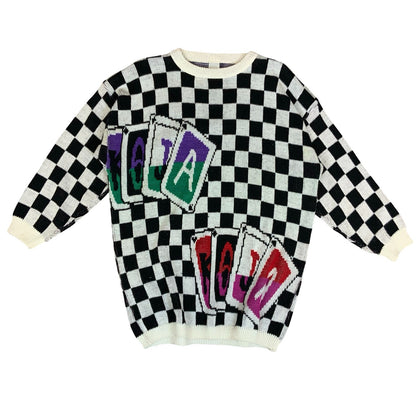 Vtg 80s Black White Checkerboard Graphic Playing Card Knitted Sweat Jumper L/ XL