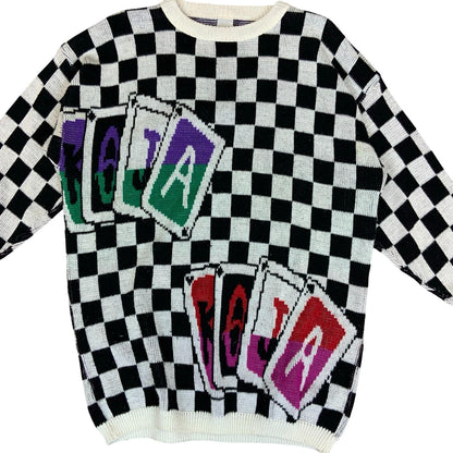 Vtg 80s Black White Checkerboard Graphic Playing Card Knitted Sweat Jumper L/ XL