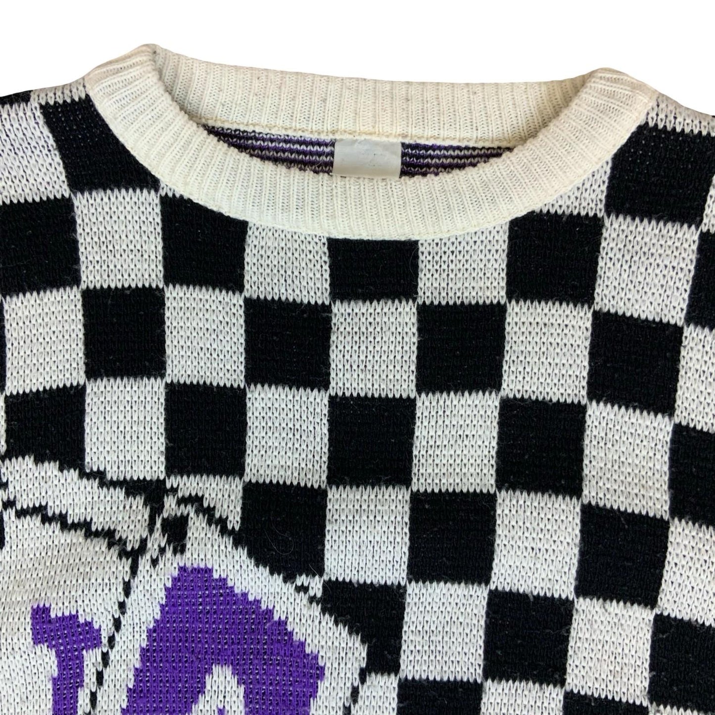 Vtg 80s Black White Checkerboard Graphic Playing Card Knitted Sweat Jumper L/ XL