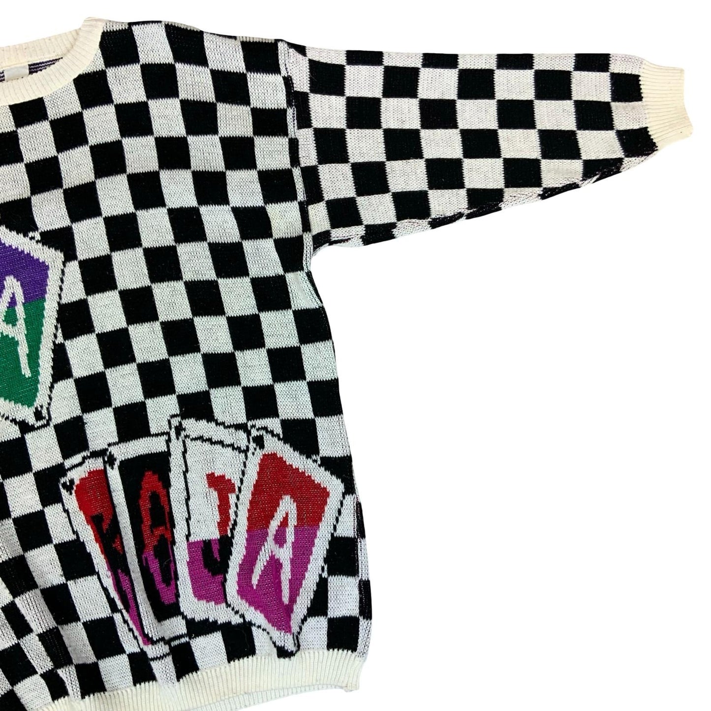 Vtg 80s Black White Checkerboard Graphic Playing Card Knitted Sweat Jumper L/ XL
