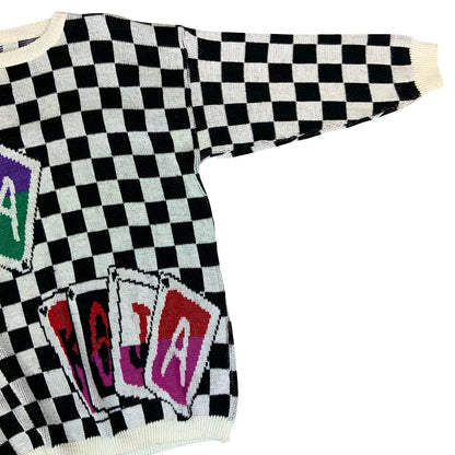 Vtg 80s Black White Checkerboard Graphic Playing Card Knitted Sweat Jumper L/ XL
