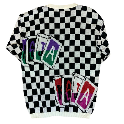 Vtg 80s Black White Checkerboard Graphic Playing Card Knitted Sweat Jumper L/ XL