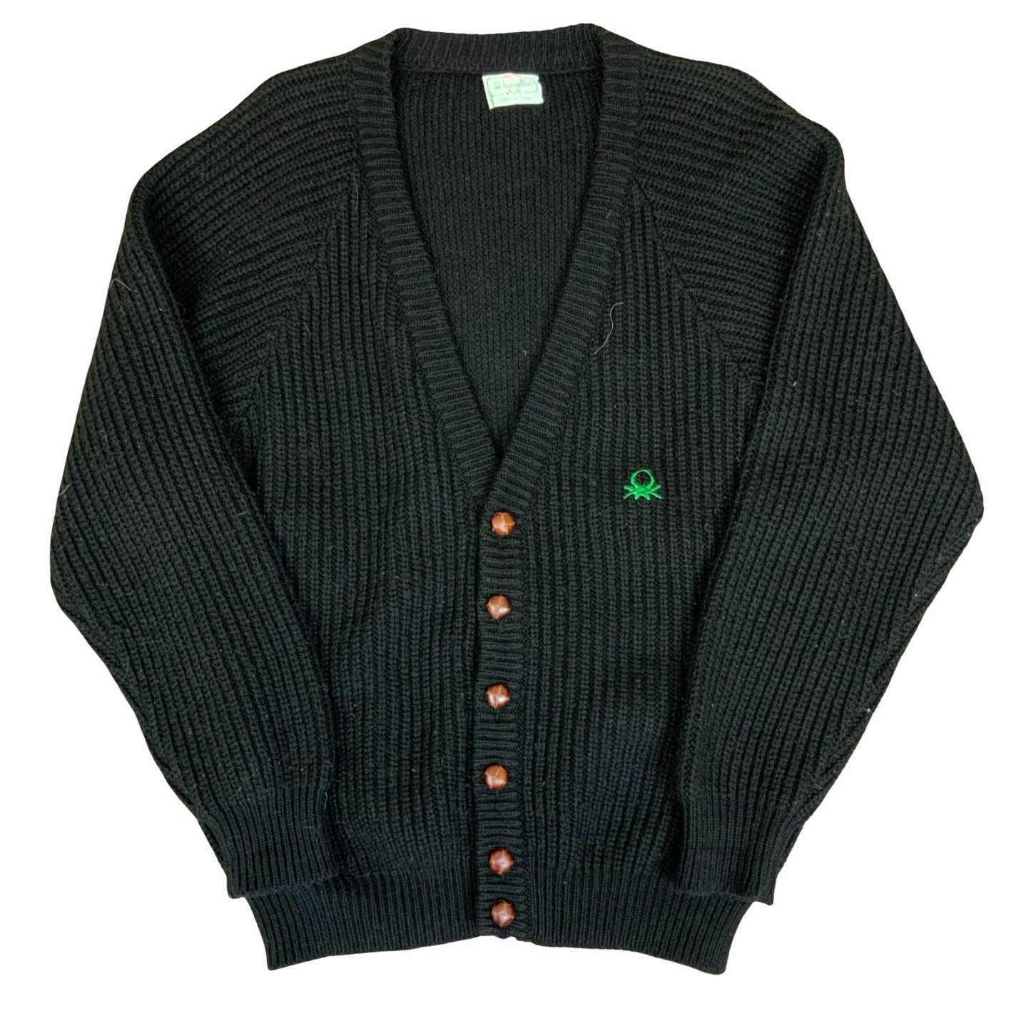 90s 'United Colors of Benetton' Black Chunky Knit Button-Up Casual Cardigan L/XL