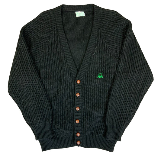 90s 'United Colors of Benetton' Black Chunky Knit Button-Up Casual Cardigan L/XL