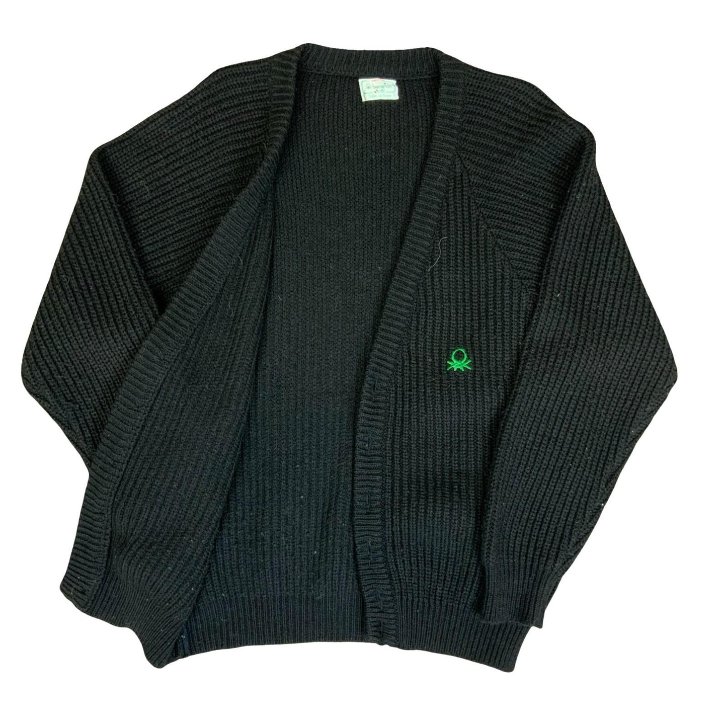 90s 'United Colors of Benetton' Black Chunky Knit Button-Up Casual Cardigan L/XL