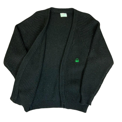 90s 'United Colors of Benetton' Black Chunky Knit Button-Up Casual Cardigan L/XL