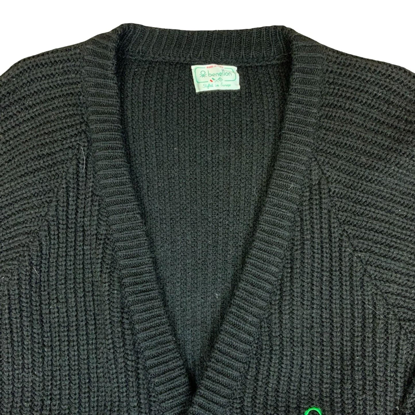 90s 'United Colors of Benetton' Black Chunky Knit Button-Up Casual Cardigan L/XL