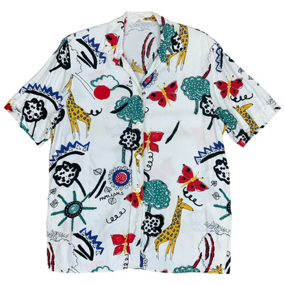 Vtg White Multi-Coloured Graphic Art Animal Giraffe Trees Abstract Blouse UK 18