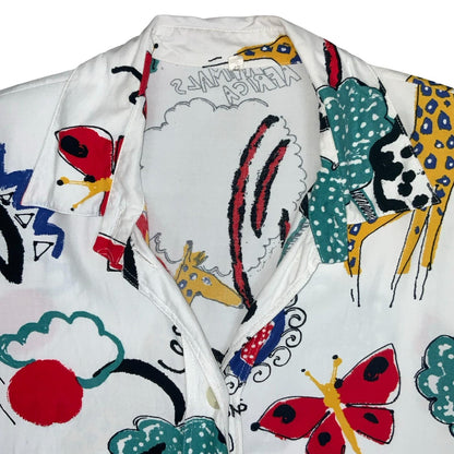 Vtg White Multi-Coloured Graphic Art Animal Giraffe Trees Abstract Blouse UK 18