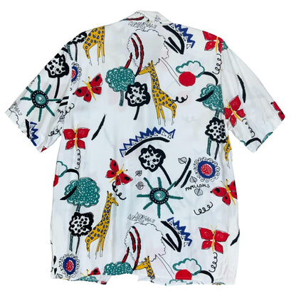 Vtg White Multi-Coloured Graphic Art Animal Giraffe Trees Abstract Blouse UK 18