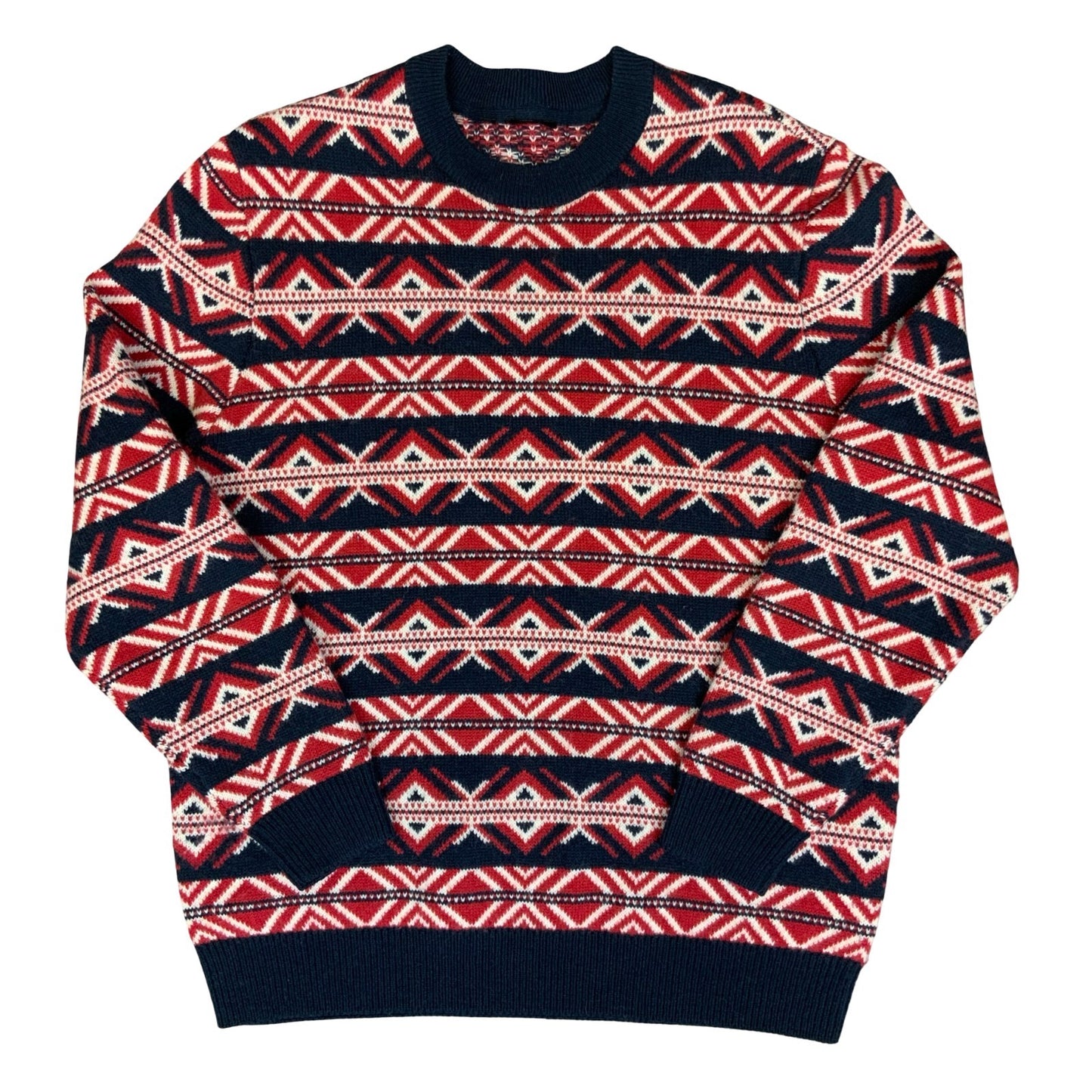 Vtg Red Blue Geometric Striped Crewneck Casual Festive Pullover Knit Sweater XL