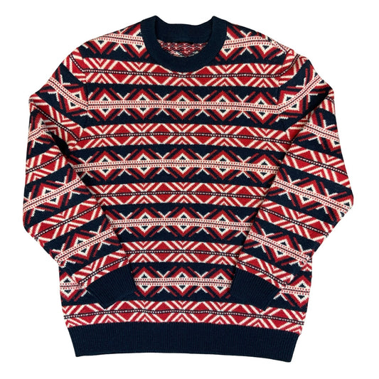 Vtg Red Blue Geometric Striped Crewneck Casual Festive Pullover Knit Sweater XL