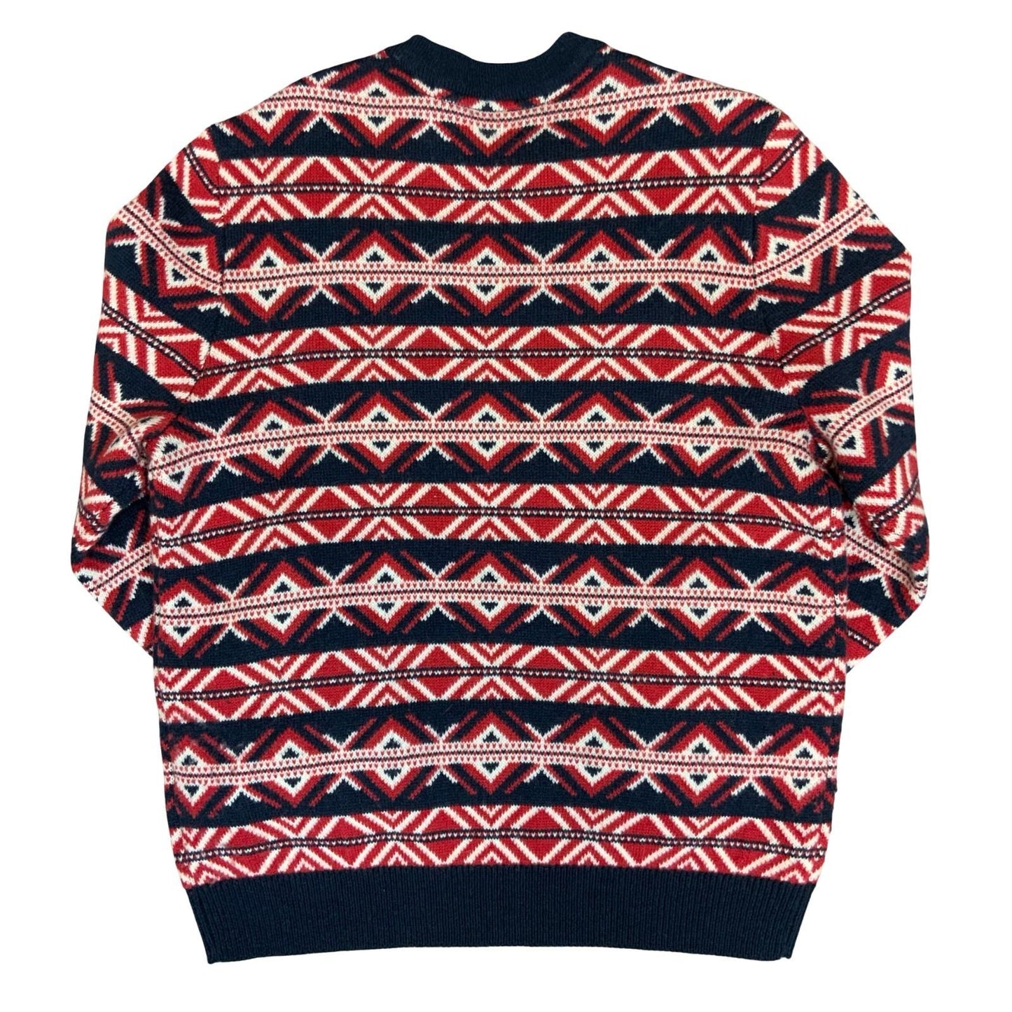 Vtg Red Blue Geometric Striped Crewneck Casual Festive Pullover Knit Sweater XL