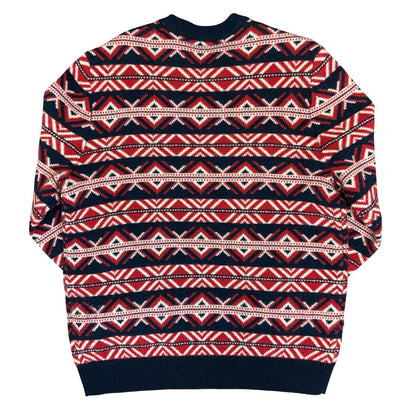 Vtg Red Blue Geometric Striped Crewneck Casual Festive Pullover Knit Sweater XL