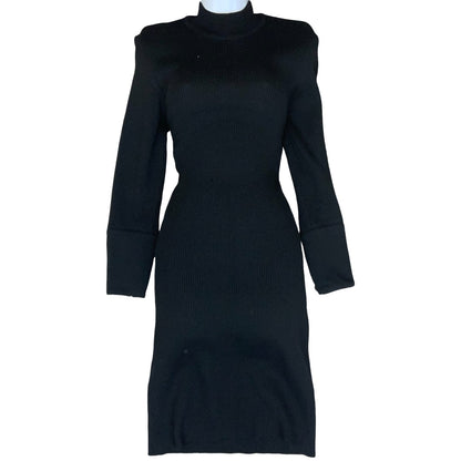 'Miss Chloe' Black French Luxury Designer Classic Fitted Ribbed Midi Dress UK 8