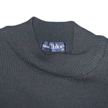 'Miss Chloe' Black French Luxury Designer Classic Fitted Ribbed Midi Dress UK 8