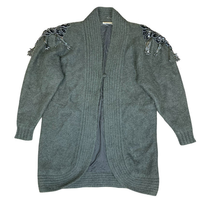 Vtg 80s 'Kamo' Grey Beaded Epaulet Flower Open-Style Oversized Cardigan UK 14/16