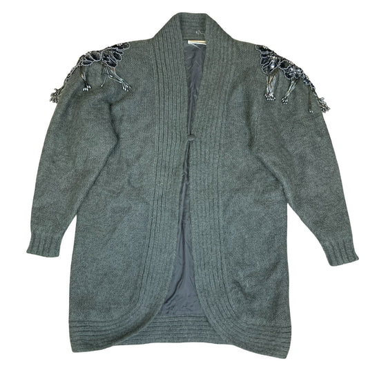 Vtg 80s 'Kamo' Grey Beaded Epaulet Flower Open-Style Oversized Cardigan UK 14/16