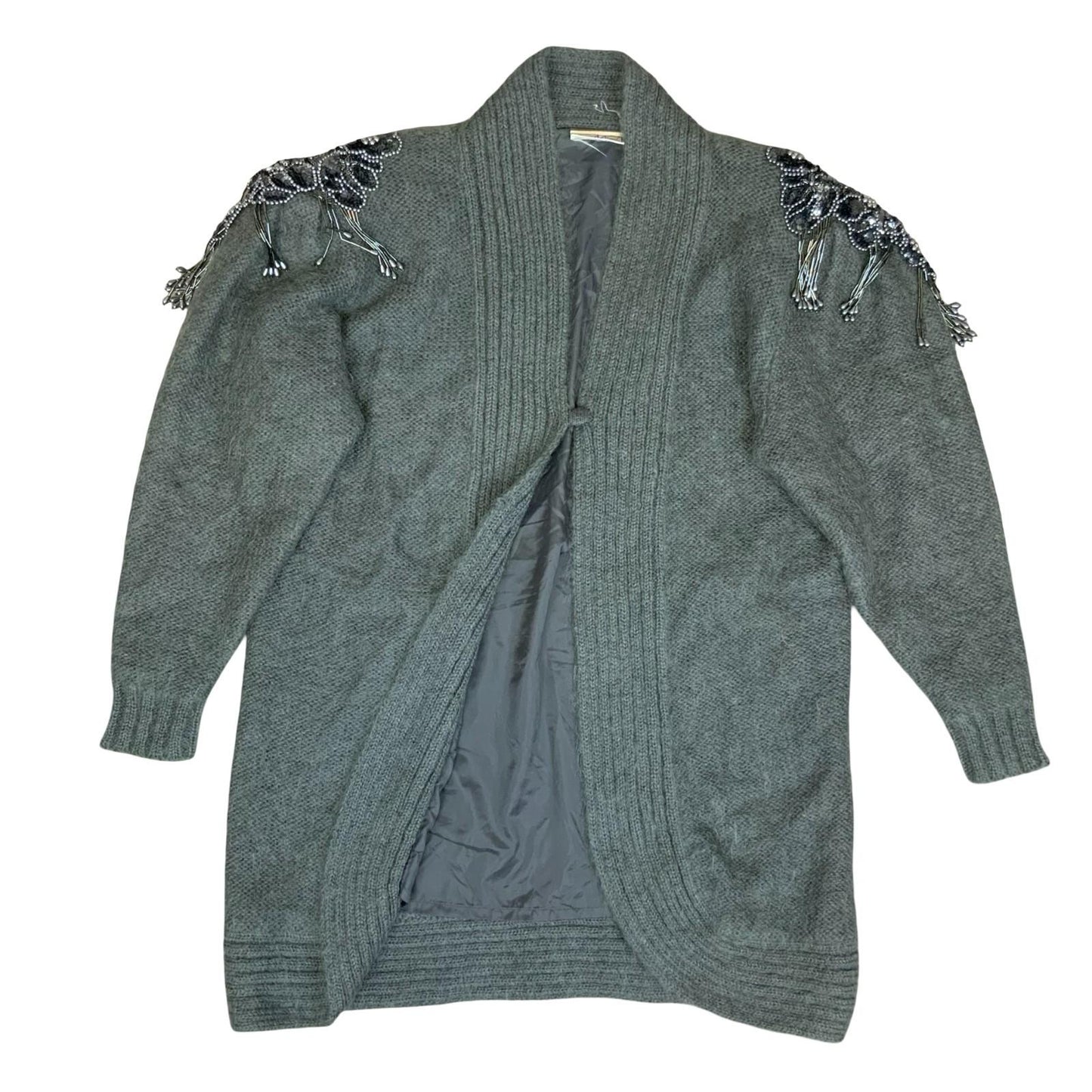 Vtg 80s 'Kamo' Grey Beaded Epaulet Flower Open-Style Oversized Cardigan UK 14/16