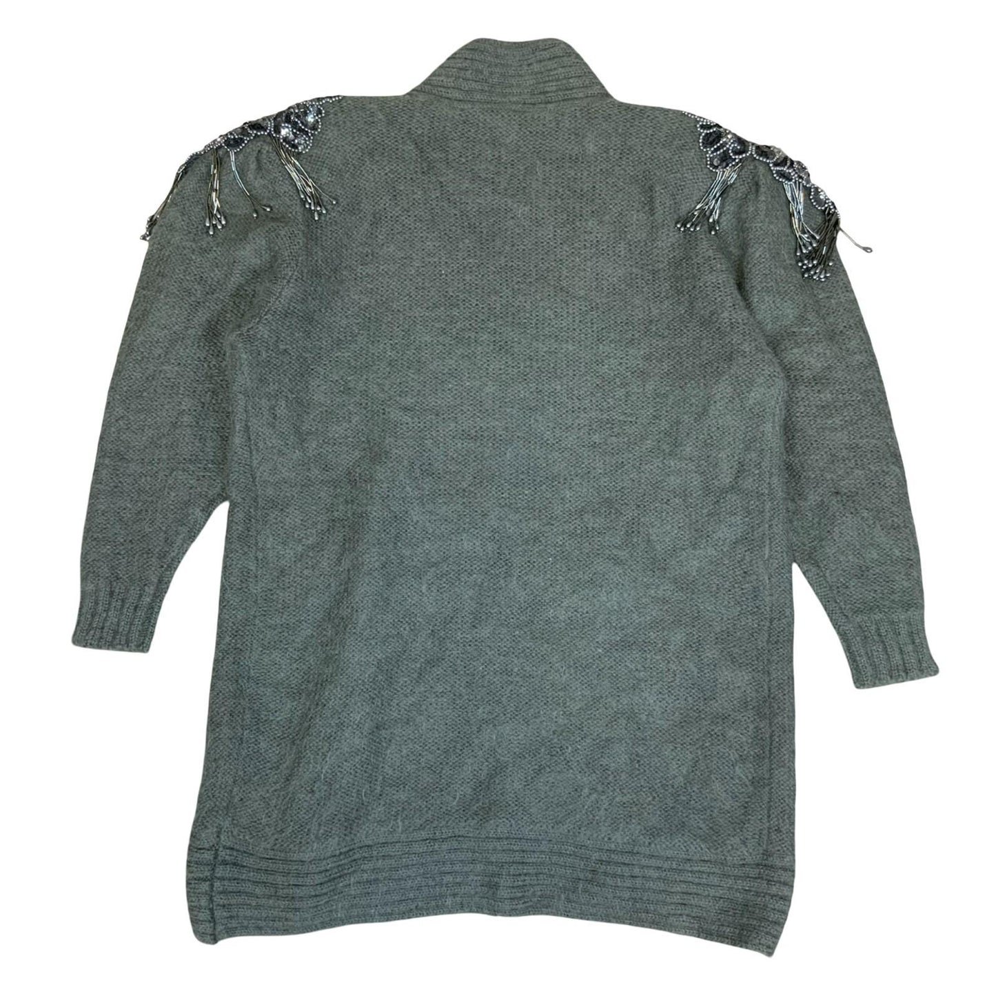 Vtg 80s 'Kamo' Grey Beaded Epaulet Flower Open-Style Oversized Cardigan UK 14/16