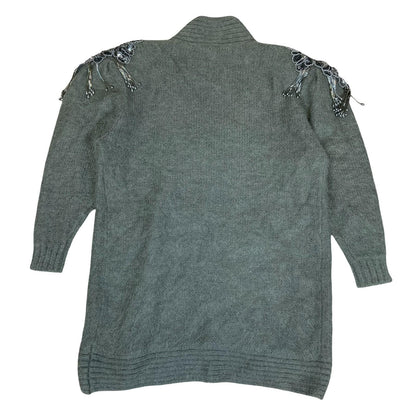 Vtg 80s 'Kamo' Grey Beaded Epaulet Flower Open-Style Oversized Cardigan UK 14/16