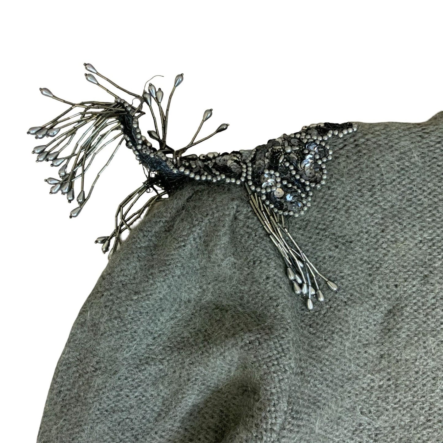 Vtg 80s 'Kamo' Grey Beaded Epaulet Flower Open-Style Oversized Cardigan UK 14/16