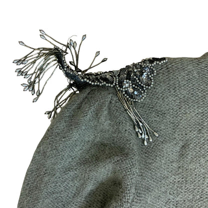 Vtg 80s 'Kamo' Grey Beaded Epaulet Flower Open-Style Oversized Cardigan UK 14/16