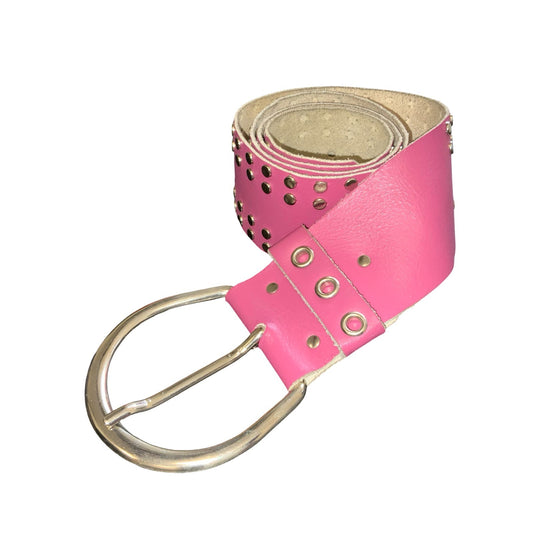 Vtg Y2K Pink Silver Studded Punk Cowgirl Buckle Statement Belt Size M/ L