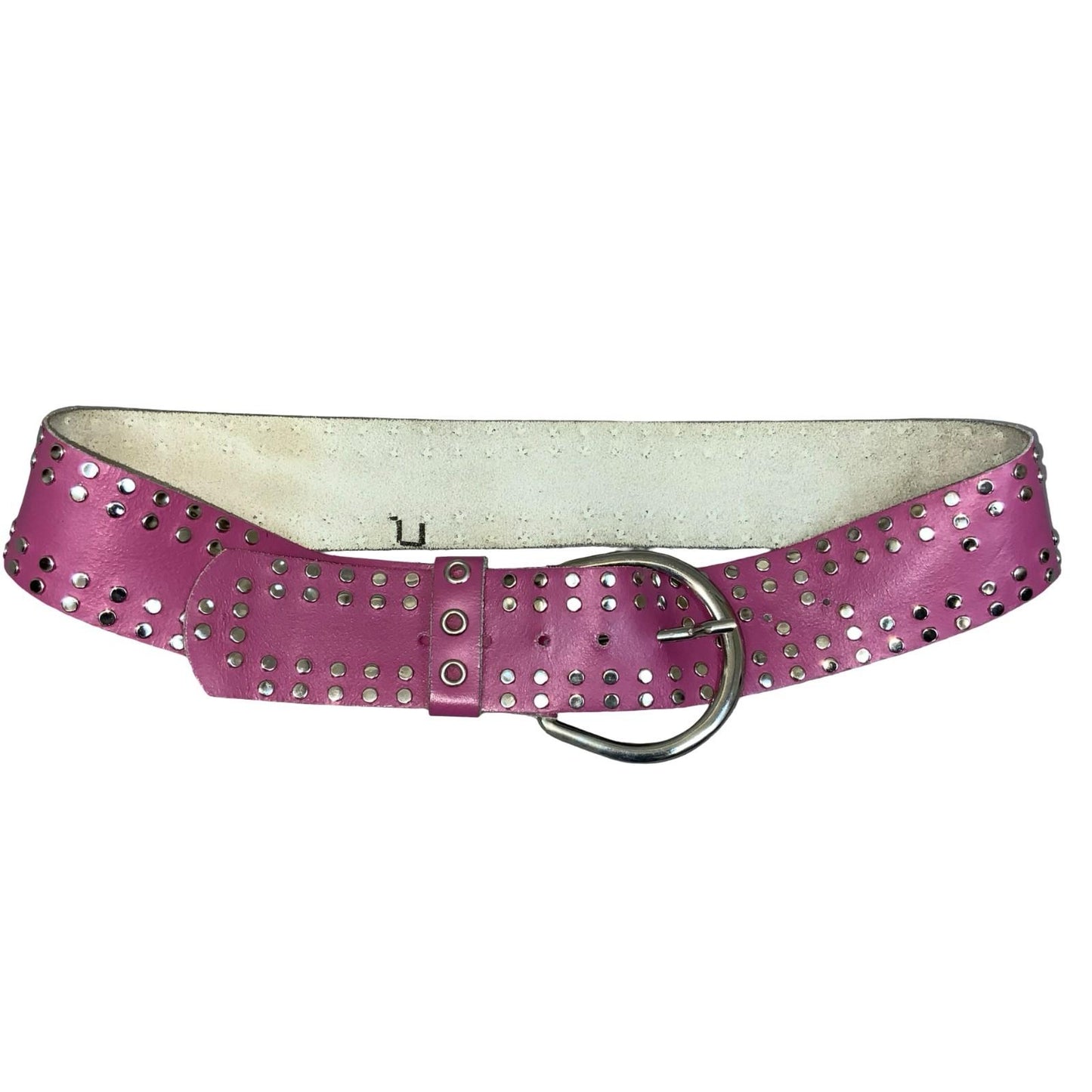 Vtg Y2K Pink Silver Studded Punk Cowgirl Buckle Statement Belt Size M/ L