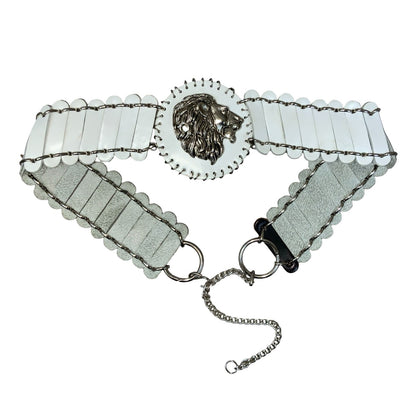 RARE White Silver Lion Motif Metal Leather Chain Statement Belt Size M/L