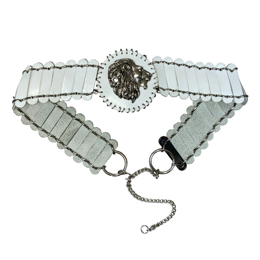RARE White Silver Lion Motif Metal Leather Chain Statement Belt Size M/L