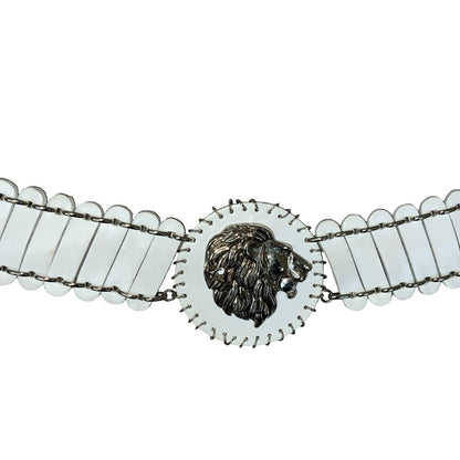 RARE White Silver Lion Motif Metal Leather Chain Statement Belt Size M/L