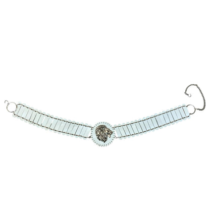 RARE White Silver Lion Motif Metal Leather Chain Statement Belt Size M/L