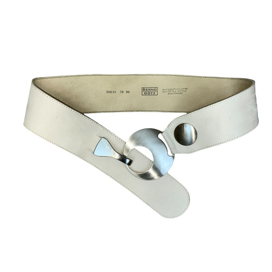 90s 'Bernd Götz' White Suede Leather Wide Chunky Statement Buckle Belt Size M