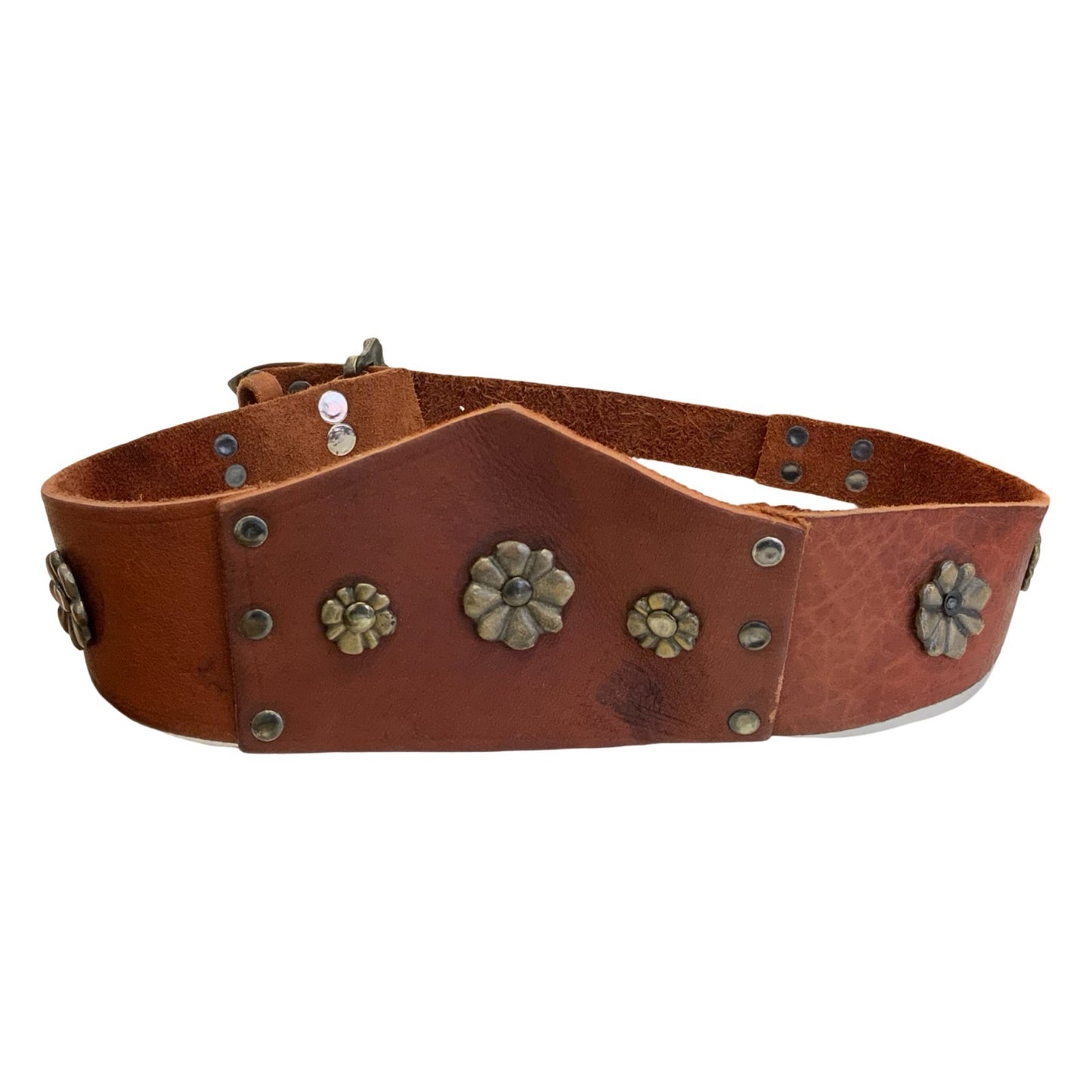 Vtg Brown Leather Cosplay Ornate Flower Stud Waist Belt Size M/L