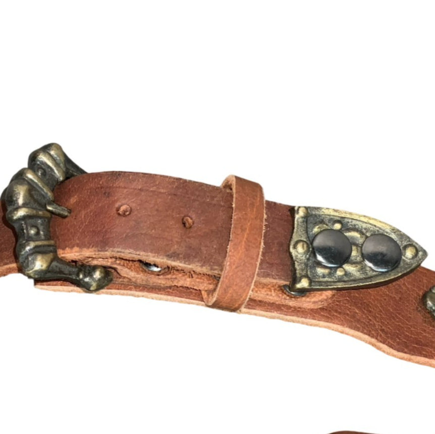 Vtg Brown Leather Cosplay Ornate Flower Stud Waist Belt Size M/L