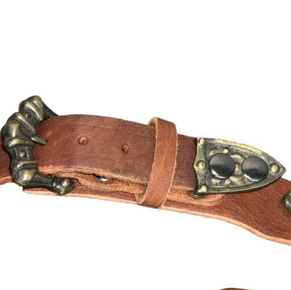 Vtg Brown Leather Cosplay Ornate Flower Stud Waist Belt Size M/L