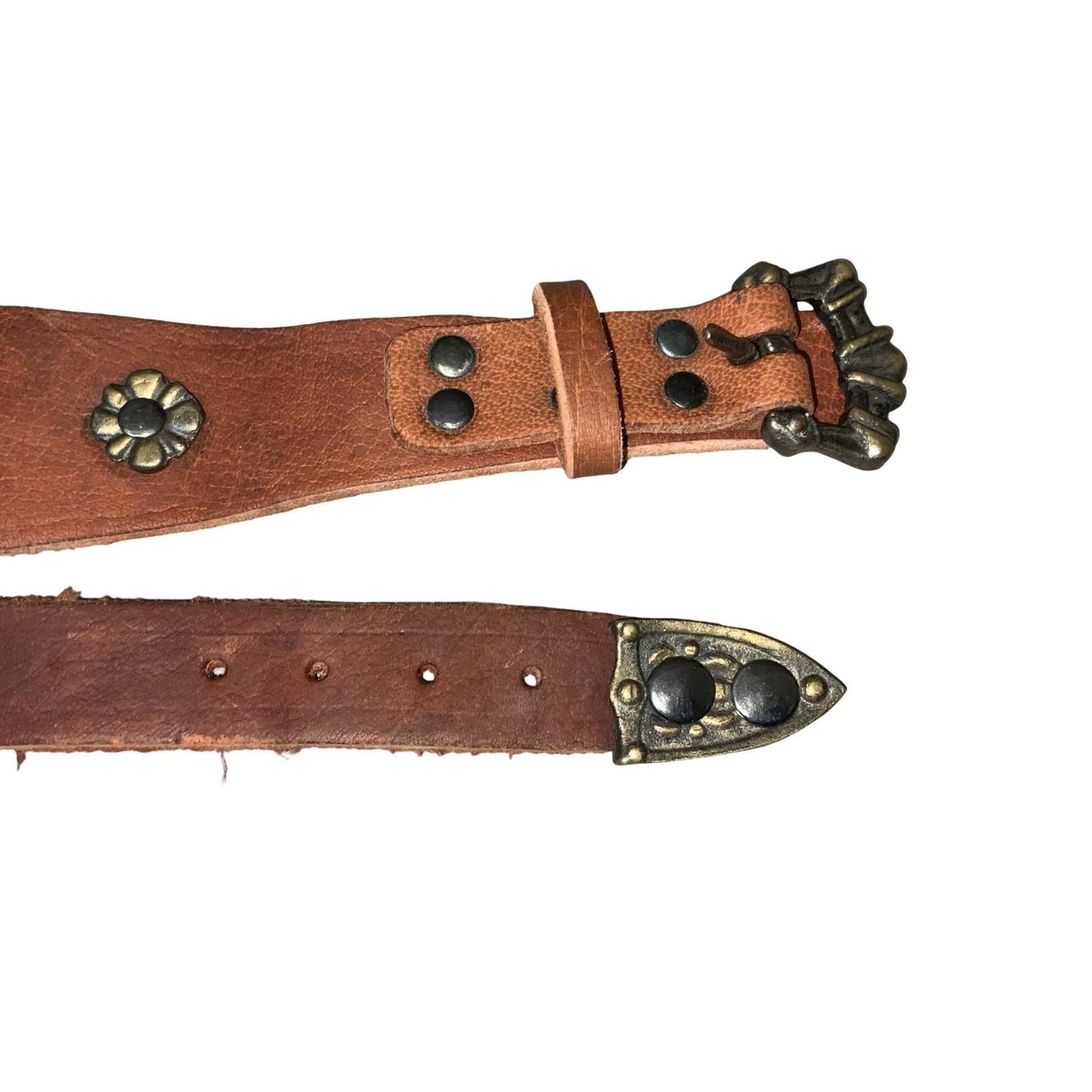 Vtg Brown Leather Cosplay Ornate Flower Stud Waist Belt Size M/L