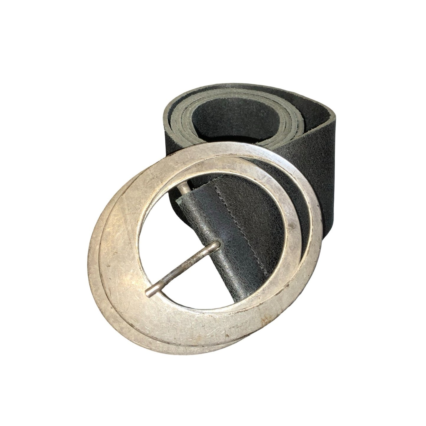 Vtg 90s 'Promod' Black Leather Oval Silver Metal Buckle Statement Belt Size L