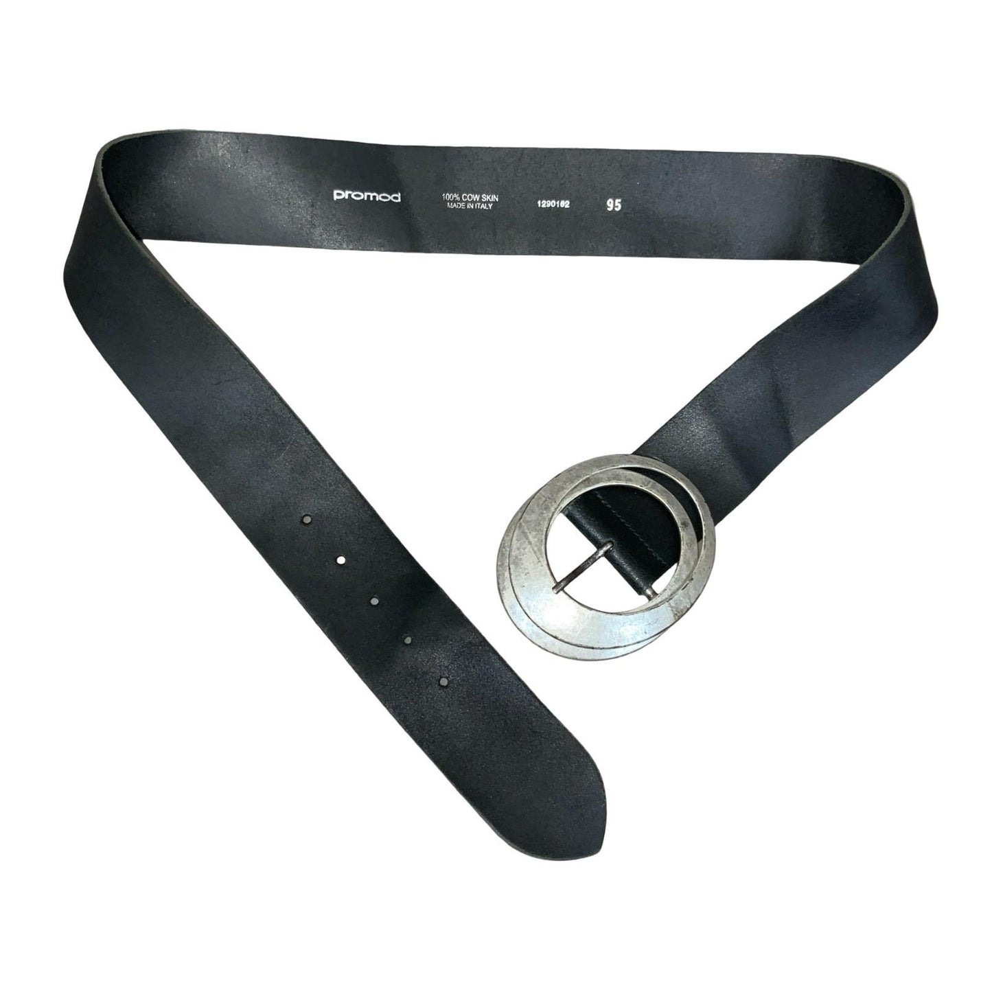 Vtg 90s 'Promod' Black Leather Oval Silver Metal Buckle Statement Belt Size L