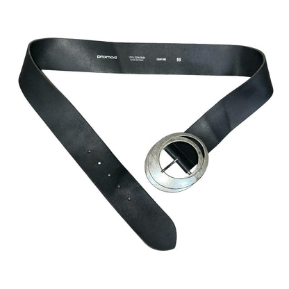 Vtg 90s 'Promod' Black Leather Oval Silver Metal Buckle Statement Belt Size L