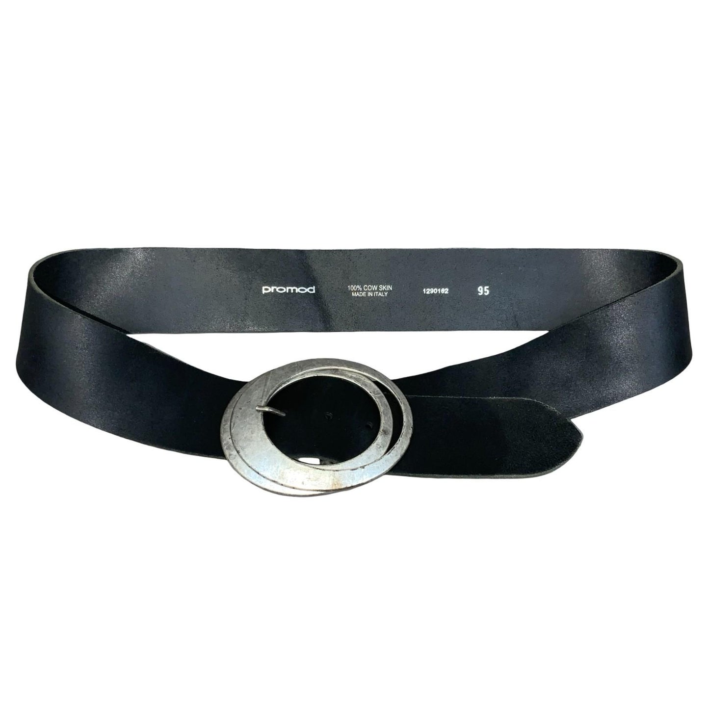 Vtg 90s 'Promod' Black Leather Oval Silver Metal Buckle Statement Belt Size L