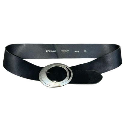 Vtg 90s 'Promod' Black Leather Oval Silver Metal Buckle Statement Belt Size L