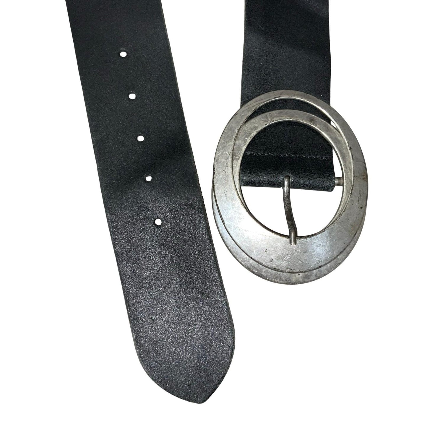 Vtg 90s 'Promod' Black Leather Oval Silver Metal Buckle Statement Belt Size L