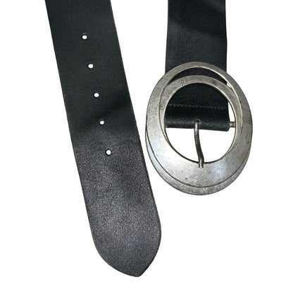 Vtg 90s 'Promod' Black Leather Oval Silver Metal Buckle Statement Belt Size L