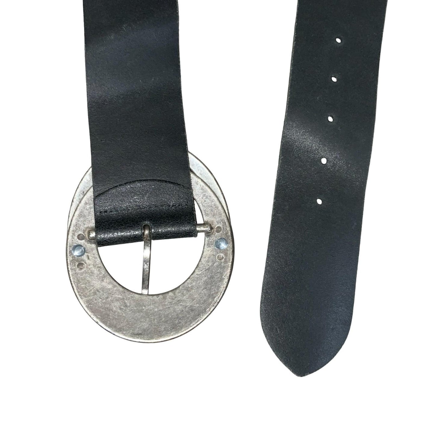 Vtg 90s 'Promod' Black Leather Oval Silver Metal Buckle Statement Belt Size L