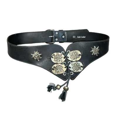 Vtg Black Bavarian Leather Folk Edelweiss Stud Corset-Style Buckle Belt Size S/M